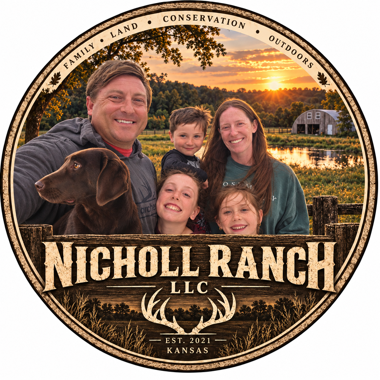 Nicholl Ranch LLC emblem featuring the family, their chocolate Labrador, and the barn at sunset.